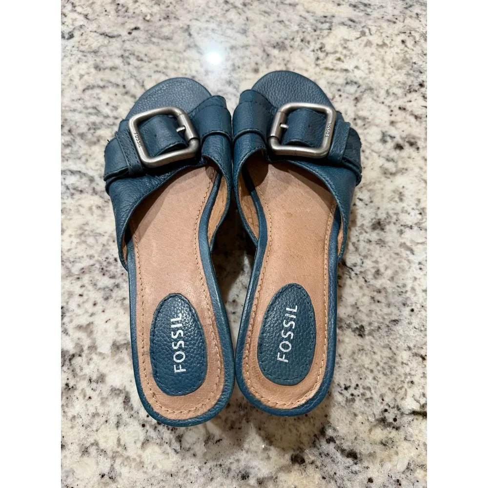 Fossil Blue Pebbled Leather Cork Wedge Sandals Buckle Slide FFW4214470 Size 8